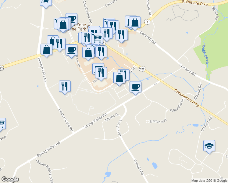 map of restaurants, bars, coffee shops, grocery stores, and more near 104 Elton Farm Circle in Glen Mills