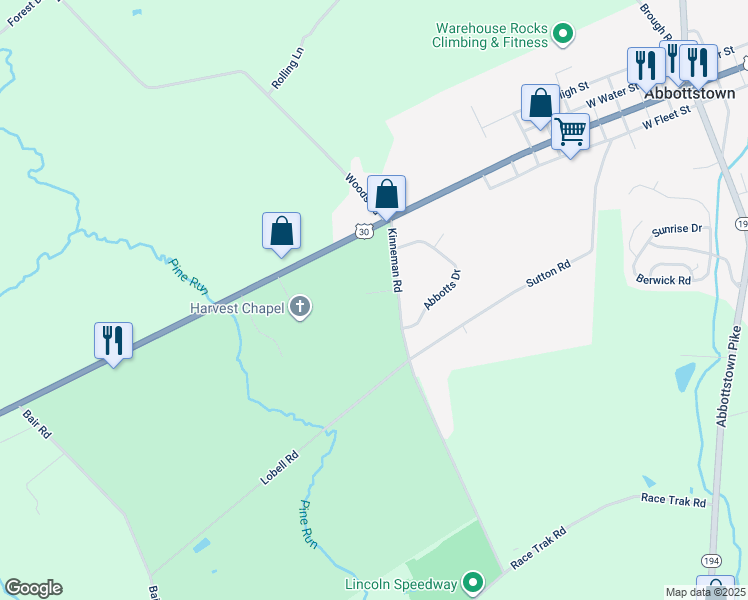 map of restaurants, bars, coffee shops, grocery stores, and more near Cherry Tree Court in Abbottstown