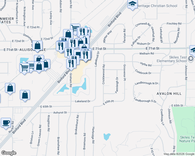 map of restaurants, bars, coffee shops, grocery stores, and more near 6709 Lakeknoll Drive in Indianapolis