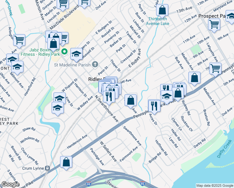 map of restaurants, bars, coffee shops, grocery stores, and more near 108 Morton Avenue in Ridley Park