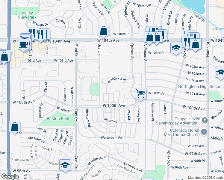map of restaurants, bars, coffee shops, grocery stores, and more near 10071 Shoshone Way in Thornton