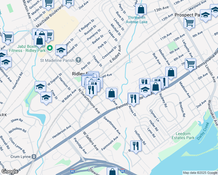 map of restaurants, bars, coffee shops, grocery stores, and more near 77 Lincoln Street in Ridley Park