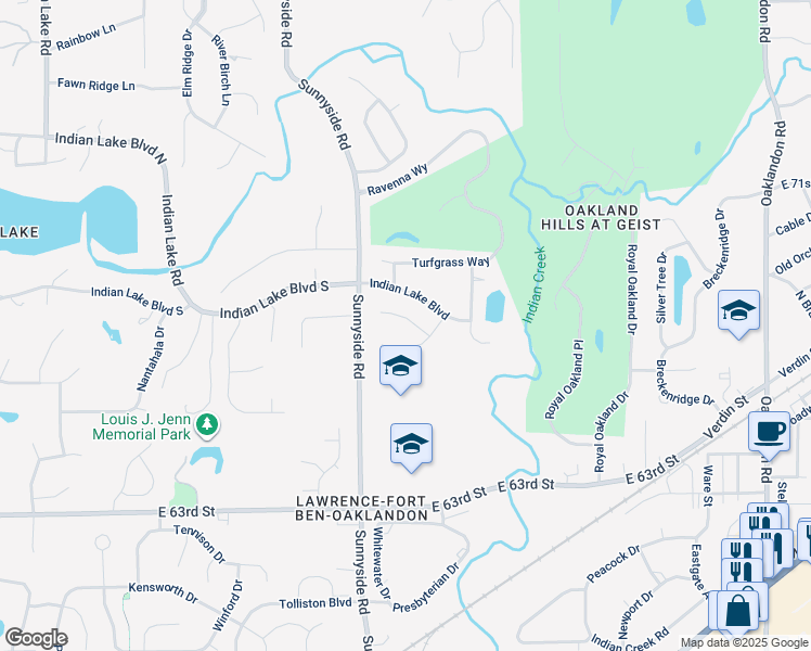map of restaurants, bars, coffee shops, grocery stores, and more near 11105 Brave Court in Indianapolis