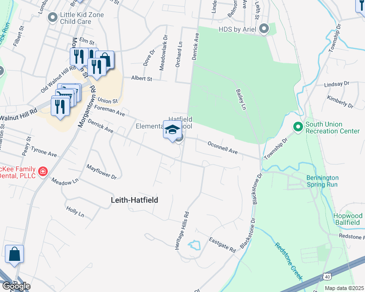 map of restaurants, bars, coffee shops, grocery stores, and more near 370 Derrick Avenue in Uniontown