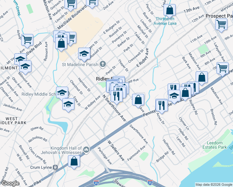 map of restaurants, bars, coffee shops, grocery stores, and more near 11 North Swarthmore Avenue in Ridley Park