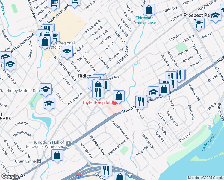 map of restaurants, bars, coffee shops, grocery stores, and more near 105 Morton Avenue in Ridley Park