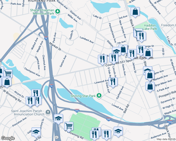 map of restaurants, bars, coffee shops, grocery stores, and more near 902 West Kings Highway in Mount Ephraim