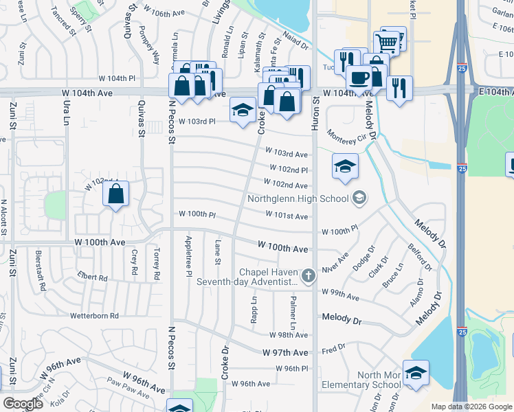 map of restaurants, bars, coffee shops, grocery stores, and more near 1063 West 100th Place in Northglenn