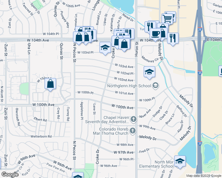 map of restaurants, bars, coffee shops, grocery stores, and more near 1063 West 100th Place in Northglenn