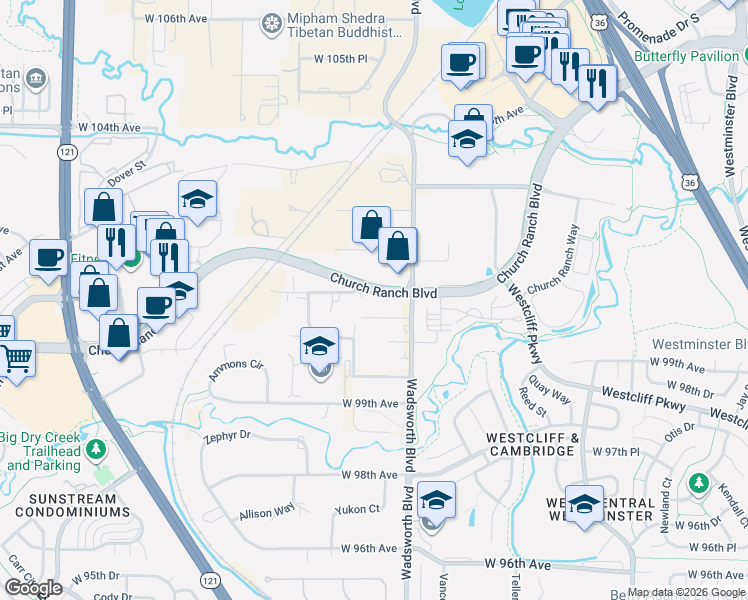 map of restaurants, bars, coffee shops, grocery stores, and more near 7700 West 101st Avenue in Westminster