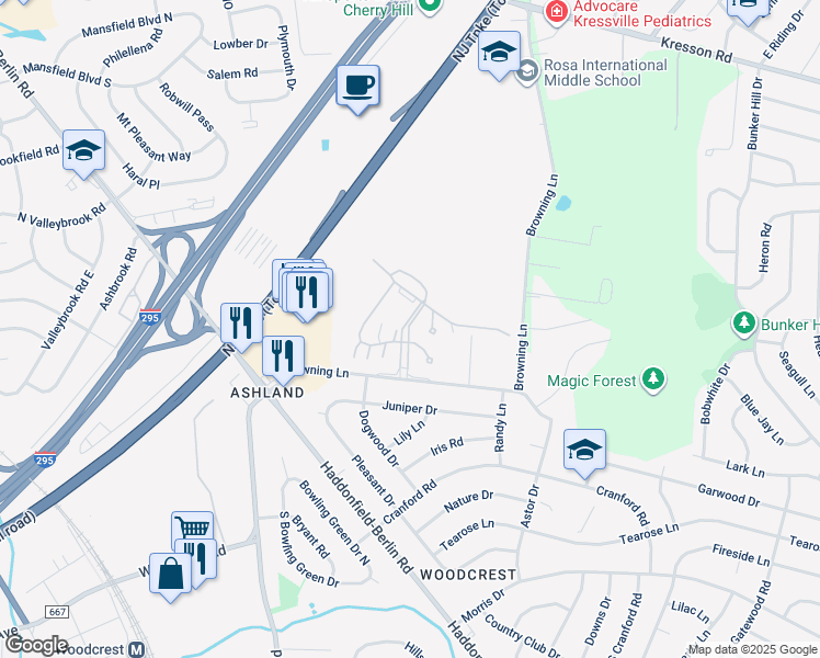 map of restaurants, bars, coffee shops, grocery stores, and more near 204 Amherst Court in Cherry Hill