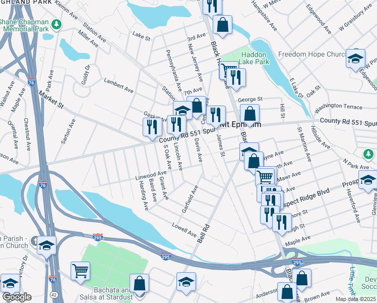 map of restaurants, bars, coffee shops, grocery stores, and more near 50 Washington Avenue in Mount Ephraim