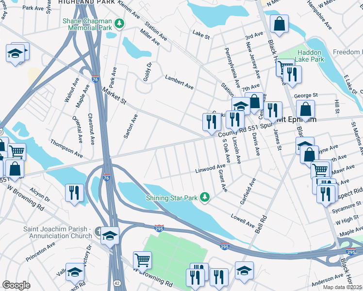 map of restaurants, bars, coffee shops, grocery stores, and more near 902 West Kings Highway in Mount Ephraim