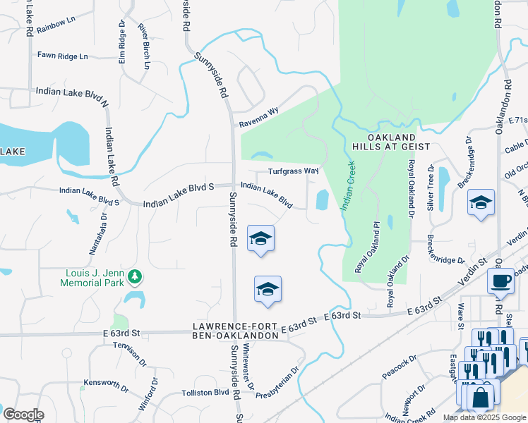 map of restaurants, bars, coffee shops, grocery stores, and more near 11105 Brave Court in Indianapolis