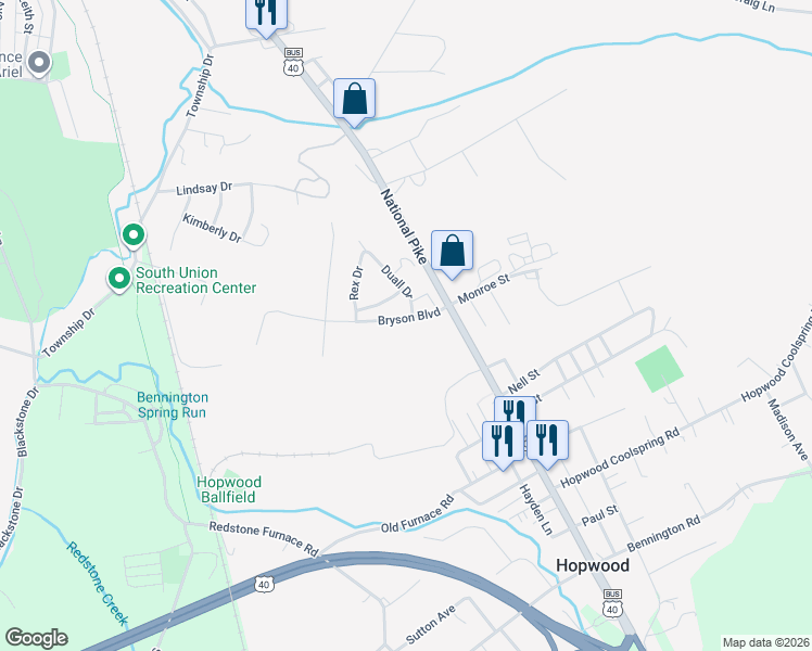 map of restaurants, bars, coffee shops, grocery stores, and more near 12 Bryson Boulevard in Hopwood