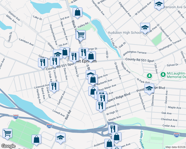 map of restaurants, bars, coffee shops, grocery stores, and more near 125 South Black Horse Pike in Mount Ephraim