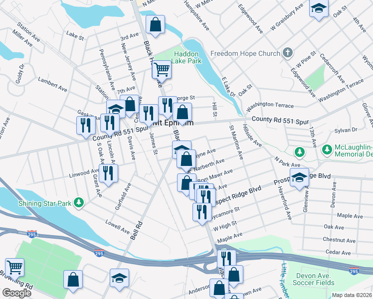 map of restaurants, bars, coffee shops, grocery stores, and more near 125 South Black Horse Pike in Mount Ephraim