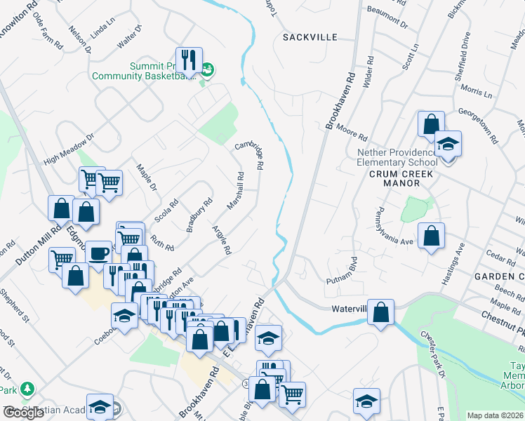 map of restaurants, bars, coffee shops, grocery stores, and more near 617 Hillside Avenue in Brookhaven