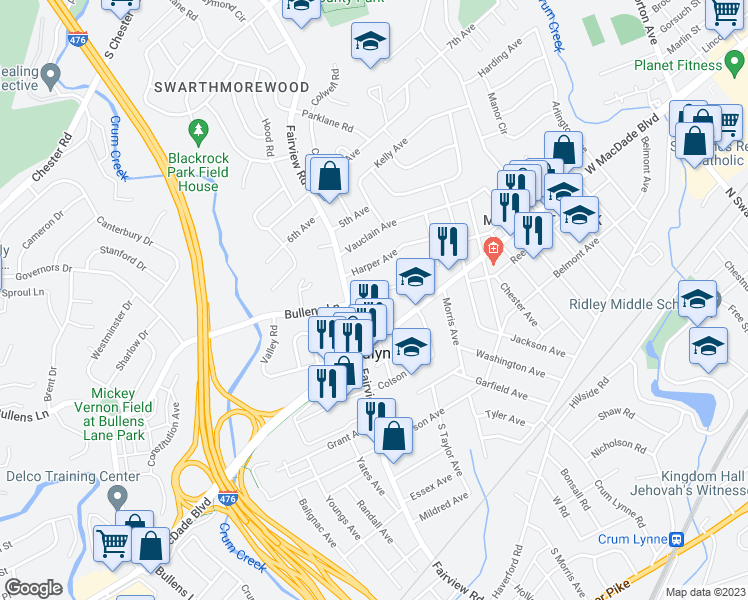 map of restaurants, bars, coffee shops, grocery stores, and more near 1216 Bullens Lane in Woodlyn