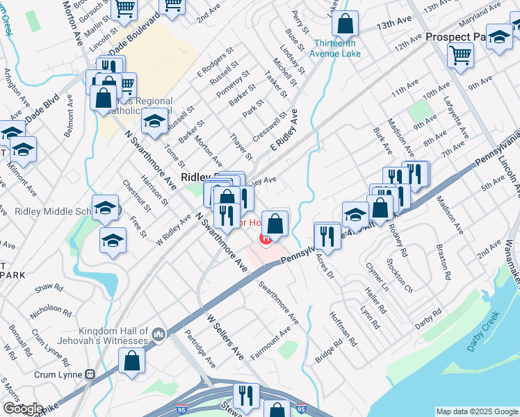 map of restaurants, bars, coffee shops, grocery stores, and more near 34 Morton Avenue in Ridley Park