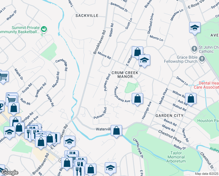 map of restaurants, bars, coffee shops, grocery stores, and more near 852 Putnam Boulevard in Delaware County