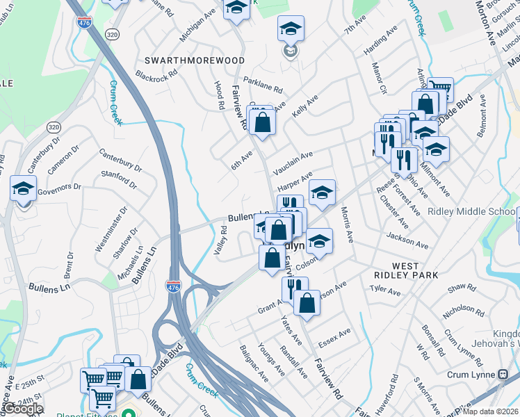 map of restaurants, bars, coffee shops, grocery stores, and more near 406 Private Road in Woodlyn