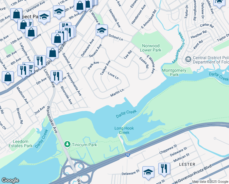 map of restaurants, bars, coffee shops, grocery stores, and more near 104 Martin Lane in Norwood