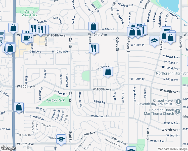map of restaurants, bars, coffee shops, grocery stores, and more near 2043 West 102nd Avenue in Thornton