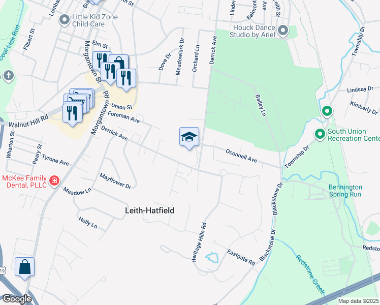 map of restaurants, bars, coffee shops, grocery stores, and more near 370 Derrick Avenue in Uniontown
