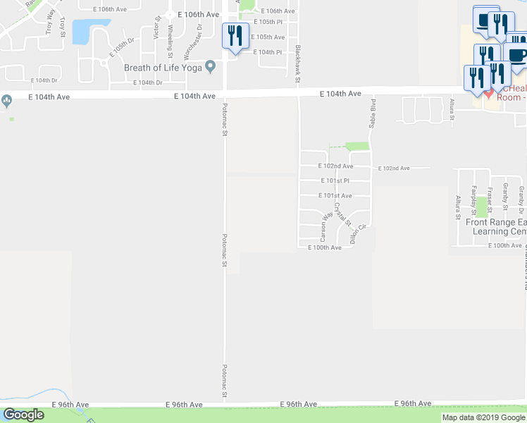 map of restaurants, bars, coffee shops, grocery stores, and more near 10070 Potomac Street in Commerce City