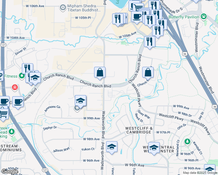 map of restaurants, bars, coffee shops, grocery stores, and more near 10050 Wadsworth Boulevard in Westminster