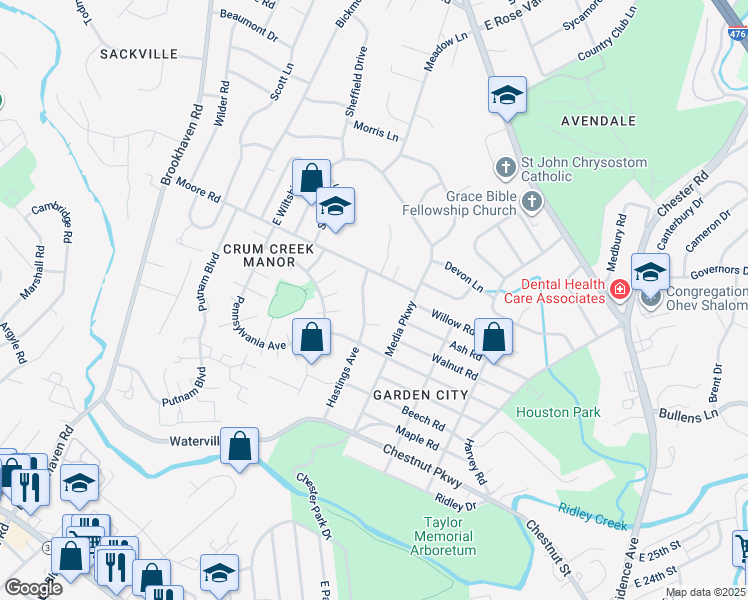 map of restaurants, bars, coffee shops, grocery stores, and more near 513 Hastings Avenue in Nether Providence Township