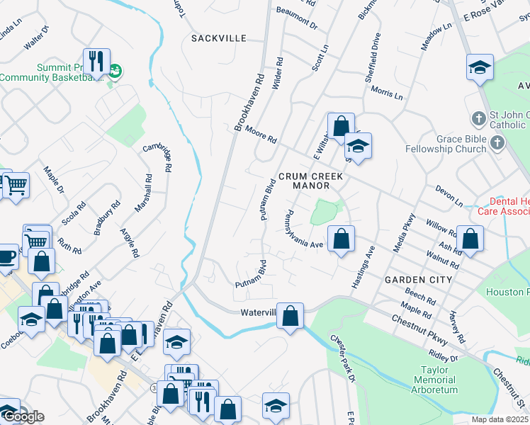 map of restaurants, bars, coffee shops, grocery stores, and more near 852 Putnam Boulevard in Delaware County