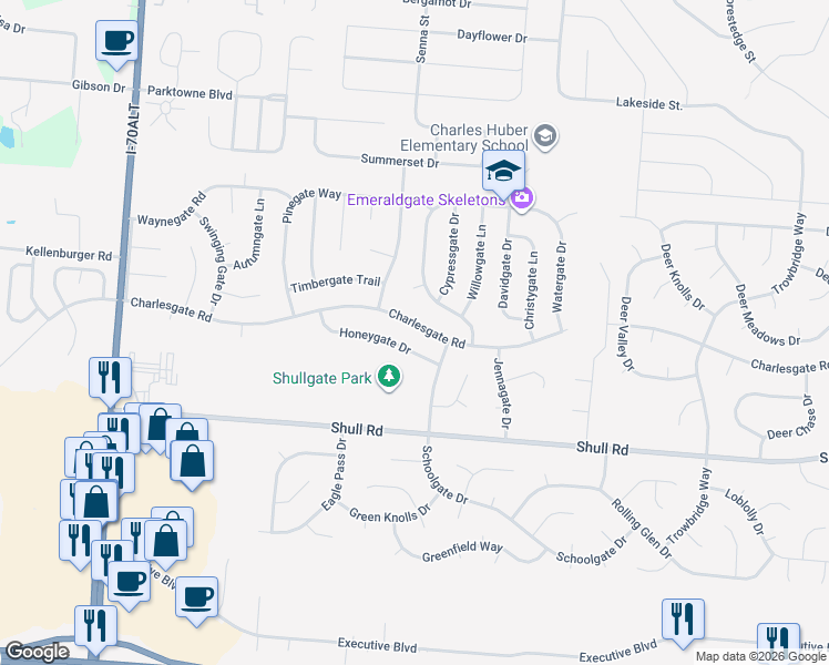 map of restaurants, bars, coffee shops, grocery stores, and more near 8671 Emeraldgate Drive in Dayton
