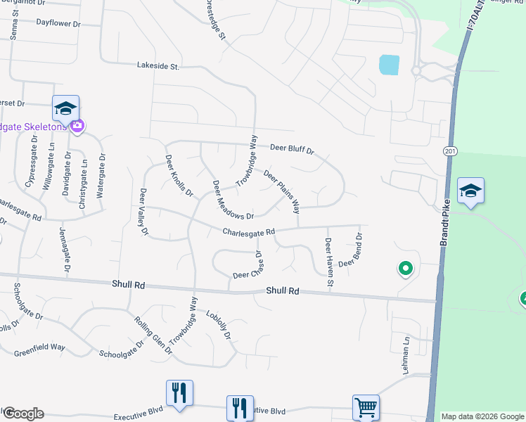 map of restaurants, bars, coffee shops, grocery stores, and more near 6721 Deer Meadows Drive in Huber Heights