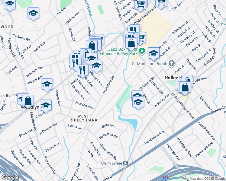 map of restaurants, bars, coffee shops, grocery stores, and more near 4 King Court in Ridley Park