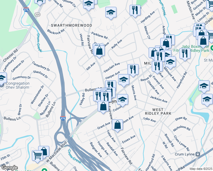 map of restaurants, bars, coffee shops, grocery stores, and more near 1230 Harper Avenue in Woodlyn