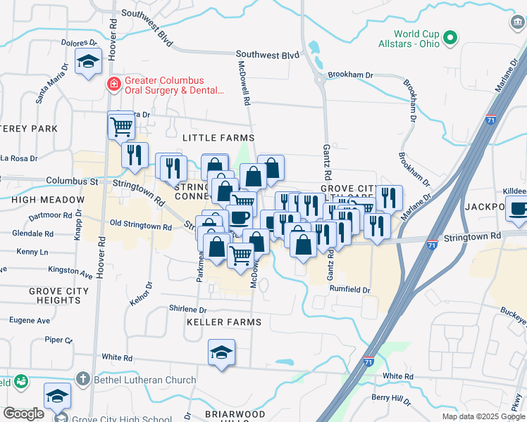 map of restaurants, bars, coffee shops, grocery stores, and more near 4026 McDowell Road in Grove City