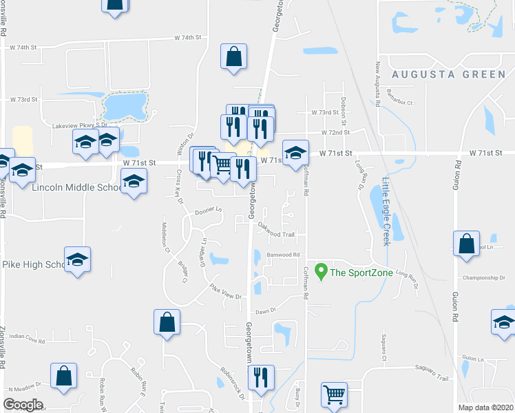 map of restaurants, bars, coffee shops, grocery stores, and more near 6916 Chrysler Street in Indianapolis