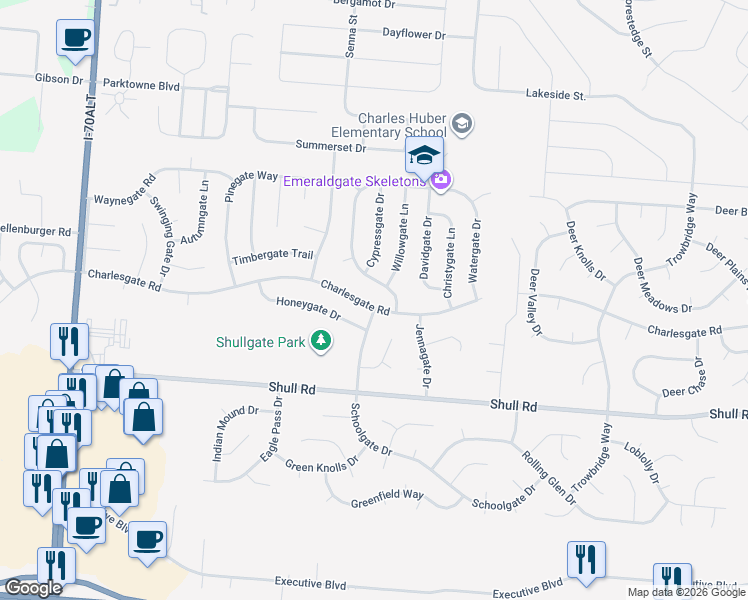 map of restaurants, bars, coffee shops, grocery stores, and more near 8671 Emeraldgate Drive in Dayton