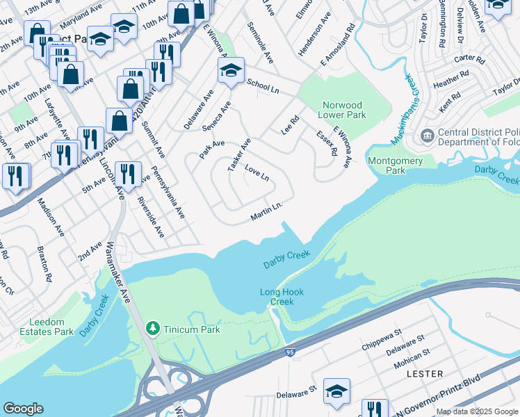 map of restaurants, bars, coffee shops, grocery stores, and more near 104 Martin Lane in Norwood