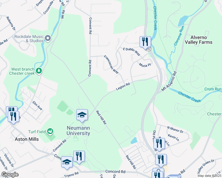 map of restaurants, bars, coffee shops, grocery stores, and more near 608 Legion Road in Aston