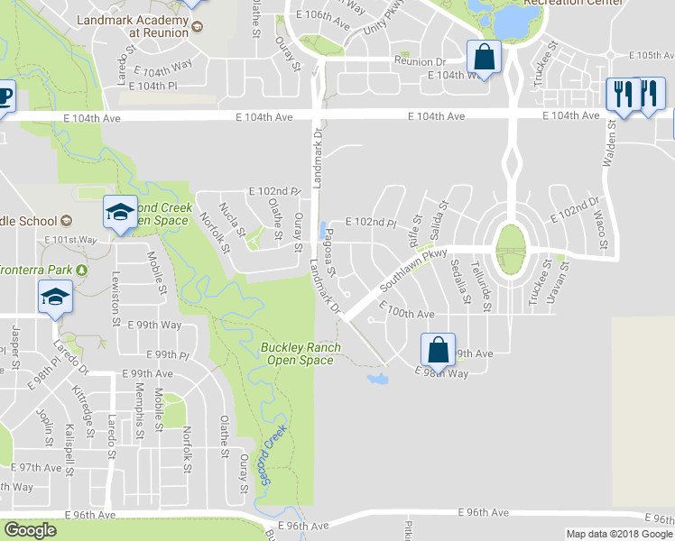 map of restaurants, bars, coffee shops, grocery stores, and more near 9552 Pagosa Street in Commerce City