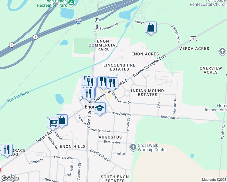 map of restaurants, bars, coffee shops, grocery stores, and more near 304 E Main St in Enon