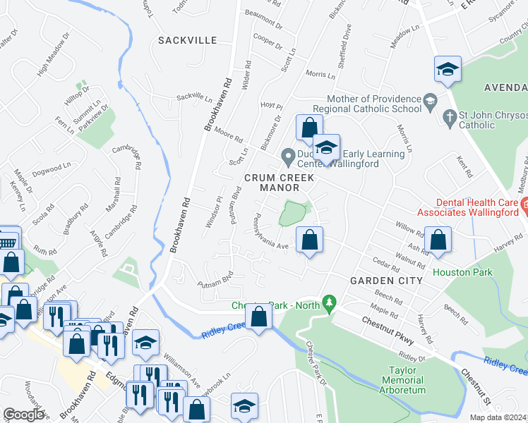 map of restaurants, bars, coffee shops, grocery stores, and more near 734 Pennsylvania Avenue in Nether Providence Township