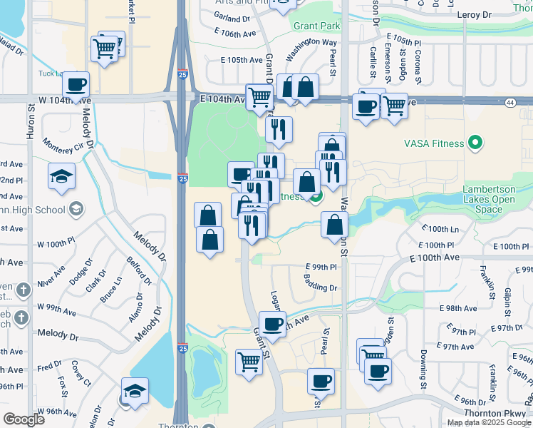 map of restaurants, bars, coffee shops, grocery stores, and more near 10160 Grant Street in Thornton