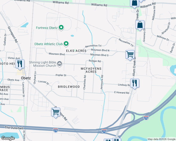 map of restaurants, bars, coffee shops, grocery stores, and more near 4284 Charlotte Road in Obetz
