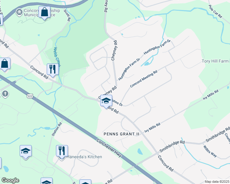 map of restaurants, bars, coffee shops, grocery stores, and more near 29 Cheyney Road in Delaware County