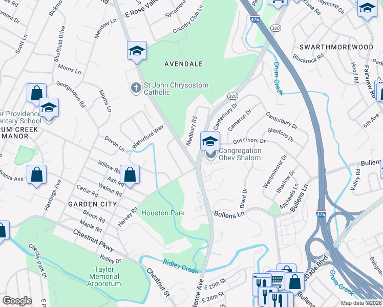 map of restaurants, bars, coffee shops, grocery stores, and more near 808 South Providence Road in Nether Providence Township