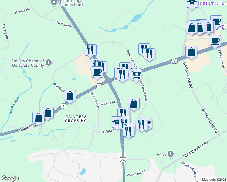 map of restaurants, bars, coffee shops, grocery stores, and more near Wilmington w Chester Pike in Chadds Ford